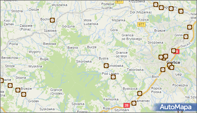 mapa Bystra gmina Gorlice, Bystra gmina Gorlice na mapie Targeo