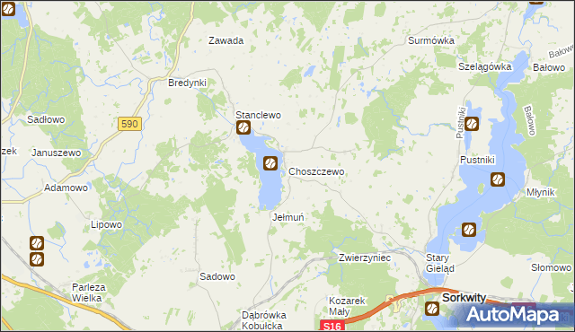 mapa Choszczewo gmina Sorkwity, Choszczewo gmina Sorkwity na mapie Targeo