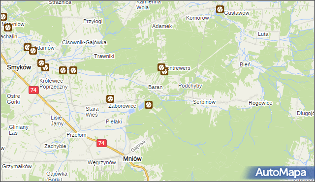 mapa Chyby gmina Mniów, Chyby gmina Mniów na mapie Targeo