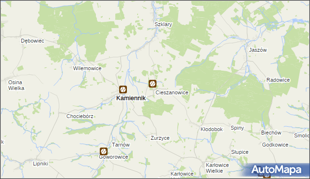 mapa Cieszanowice gmina Kamiennik, Cieszanowice gmina Kamiennik na mapie Targeo