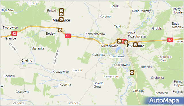 mapa Cyganka gmina Masłowice, Cyganka gmina Masłowice na mapie Targeo