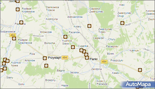 mapa Cyganka gmina Panki, Cyganka gmina Panki na mapie Targeo