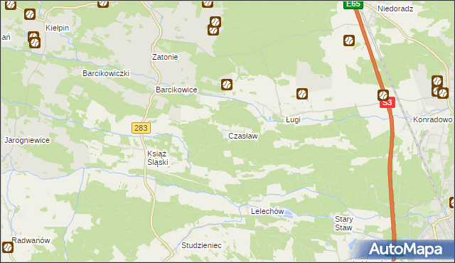 mapa Czasław gmina Otyń, Czasław gmina Otyń na mapie Targeo