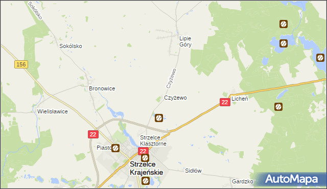 mapa Czyżewo gmina Strzelce Krajeńskie, Czyżewo gmina Strzelce Krajeńskie na mapie Targeo