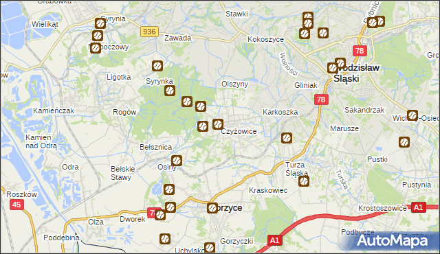 mapa Czyżowice gmina Gorzyce, Czyżowice gmina Gorzyce na mapie Targeo