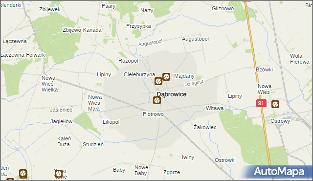 mapa Dąbrowice powiat kutnowski, Dąbrowice powiat kutnowski na mapie Targeo