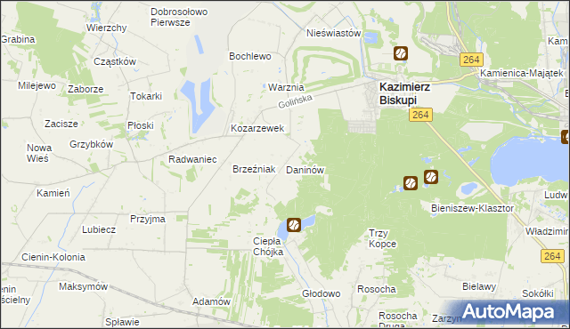 mapa Daninów gmina Kazimierz Biskupi, Daninów gmina Kazimierz Biskupi na mapie Targeo