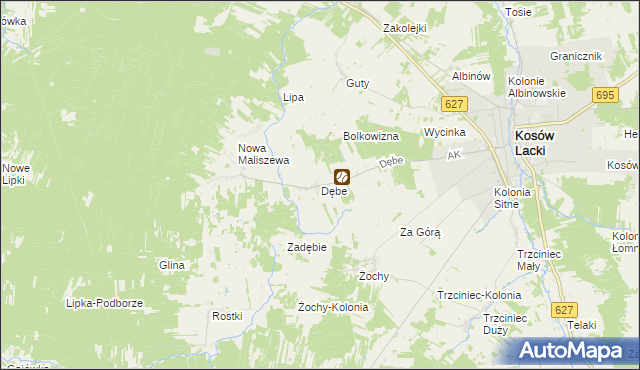 mapa Dębe gmina Kosów Lacki, Dębe gmina Kosów Lacki na mapie Targeo