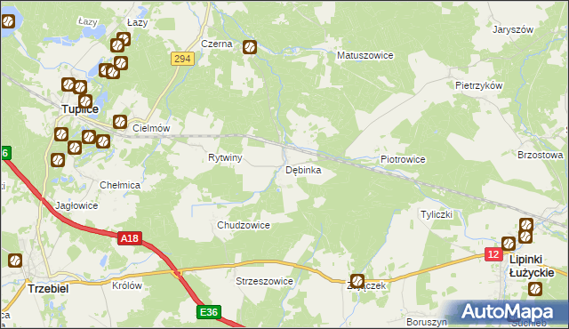 mapa Dębinka gmina Trzebiel, Dębinka gmina Trzebiel na mapie Targeo