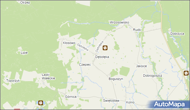 mapa Dębołęka gmina Wałcz, Dębołęka gmina Wałcz na mapie Targeo