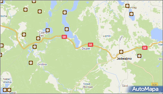 mapa Dłużek gmina Jedwabno, Dłużek gmina Jedwabno na mapie Targeo