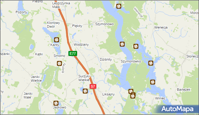 mapa Dziśnity gmina Małdyty, Dziśnity gmina Małdyty na mapie Targeo