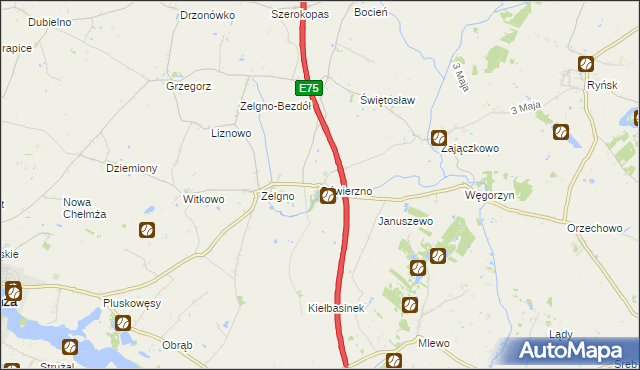 mapa Dźwierzno gmina Chełmża, Dźwierzno gmina Chełmża na mapie Targeo