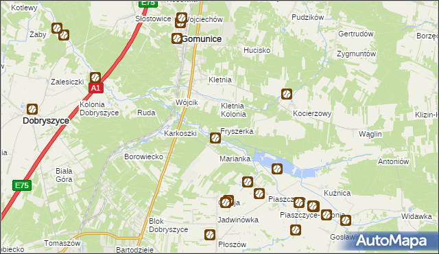mapa Fryszerka gmina Gomunice, Fryszerka gmina Gomunice na mapie Targeo