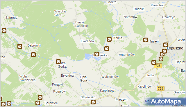 mapa Fryszerka gmina Łopuszno, Fryszerka gmina Łopuszno na mapie Targeo