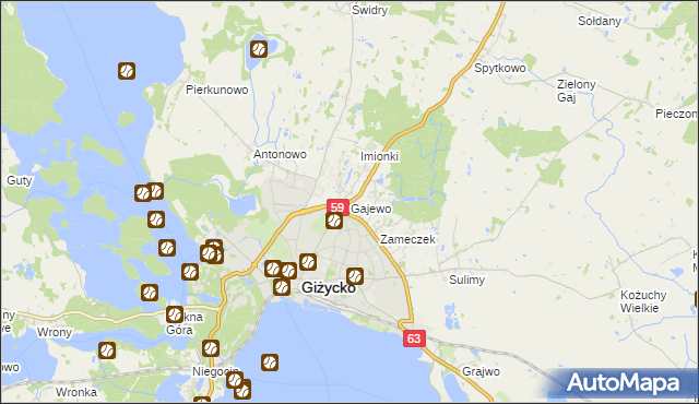 mapa Gajewo gmina Giżycko, Gajewo gmina Giżycko na mapie Targeo