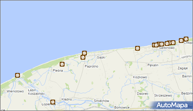 mapa Gąski gmina Mielno, Gąski gmina Mielno na mapie Targeo