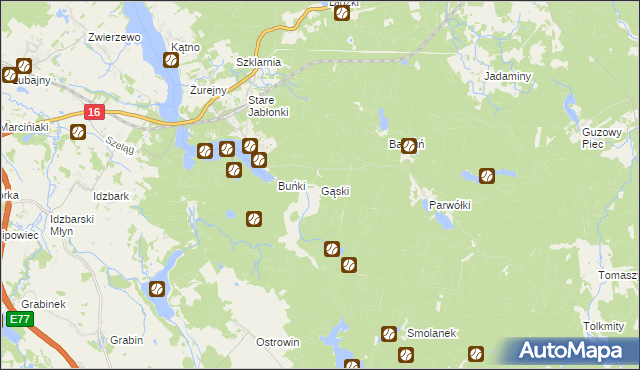 mapa Gąski gmina Ostróda, Gąski gmina Ostróda na mapie Targeo