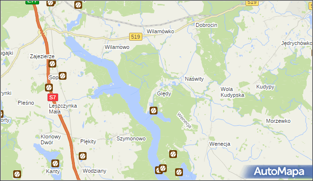 mapa Ględy gmina Małdyty, Ględy gmina Małdyty na mapie Targeo