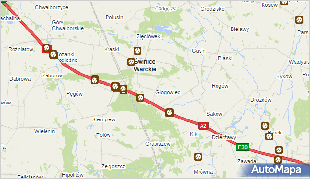 mapa Głogowiec gmina Świnice Warckie, Głogowiec gmina Świnice Warckie na mapie Targeo