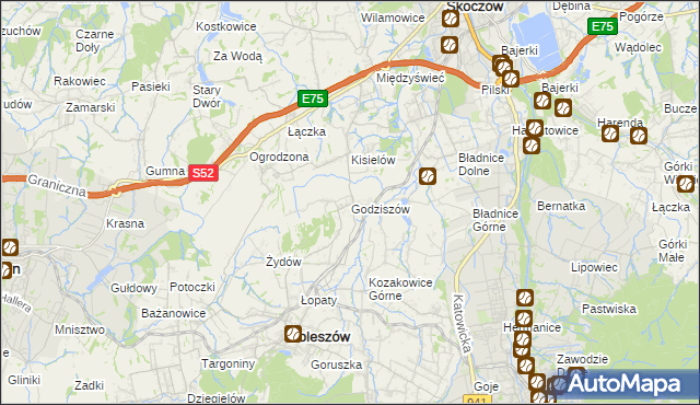 mapa Godziszów gmina Goleszów, Godziszów gmina Goleszów na mapie Targeo