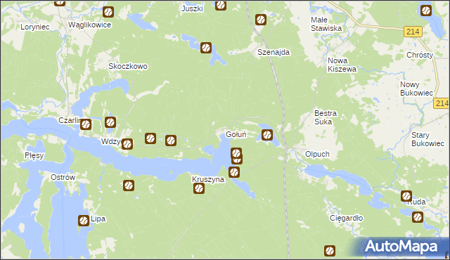 mapa Gołuń gmina Kościerzyna, Gołuń gmina Kościerzyna na mapie Targeo