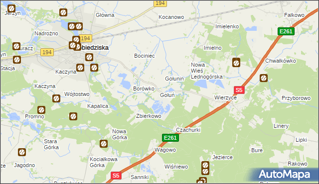 mapa Gołuń gmina Pobiedziska, Gołuń gmina Pobiedziska na mapie Targeo
