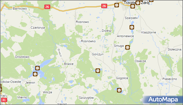 mapa Górczyn gmina Trzcińsko-Zdrój, Górczyn gmina Trzcińsko-Zdrój na mapie Targeo