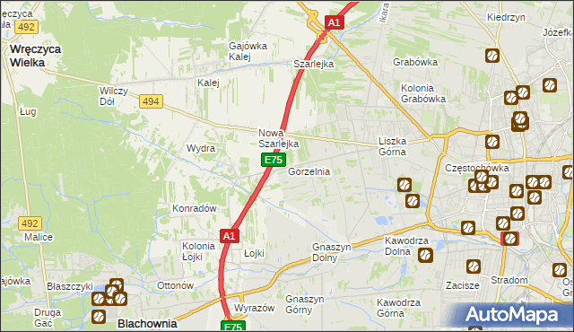mapa Gorzelnia gmina Blachownia, Gorzelnia gmina Blachownia na mapie Targeo