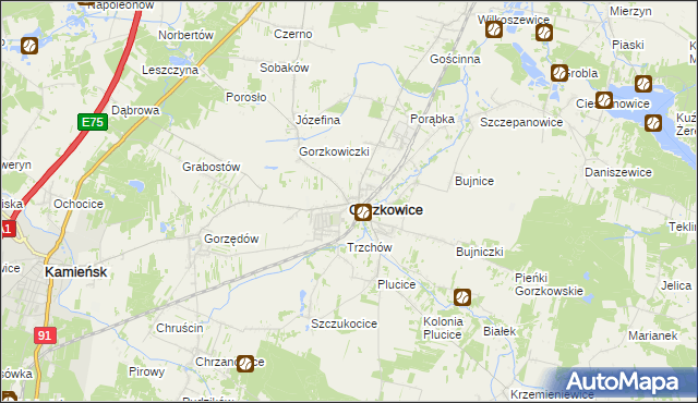 mapa Gorzkowice, Gorzkowice na mapie Targeo