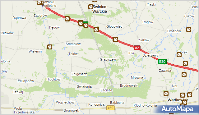 mapa Grabiszew gmina Wartkowice, Grabiszew gmina Wartkowice na mapie Targeo