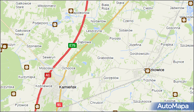 mapa Grabostów gmina Gorzkowice, Grabostów gmina Gorzkowice na mapie Targeo