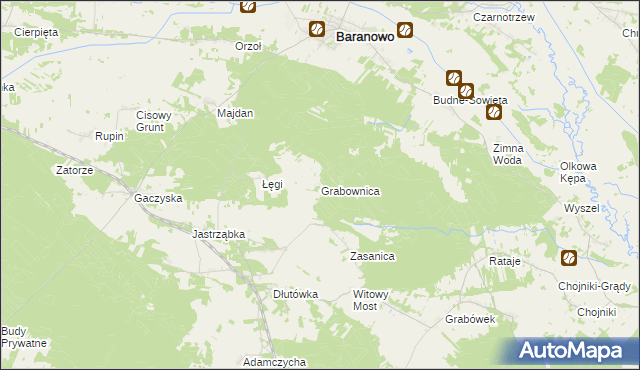 mapa Grabownica gmina Baranowo, Grabownica gmina Baranowo na mapie Targeo