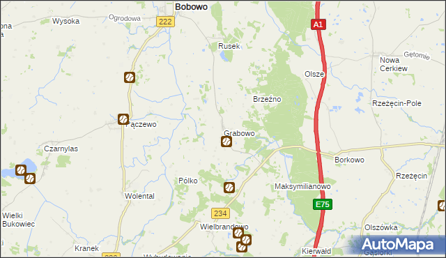 mapa Grabowo gmina Bobowo, Grabowo gmina Bobowo na mapie Targeo