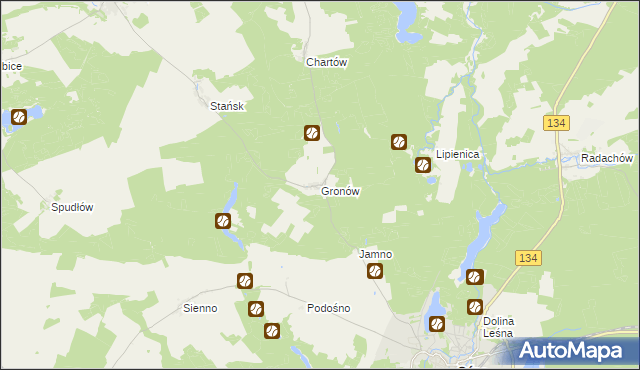 mapa Gronów gmina Ośno Lubuskie, Gronów gmina Ośno Lubuskie na mapie Targeo