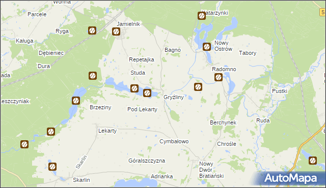 mapa Gryźliny gmina Nowe Miasto Lubawskie, Gryźliny gmina Nowe Miasto Lubawskie na mapie Targeo