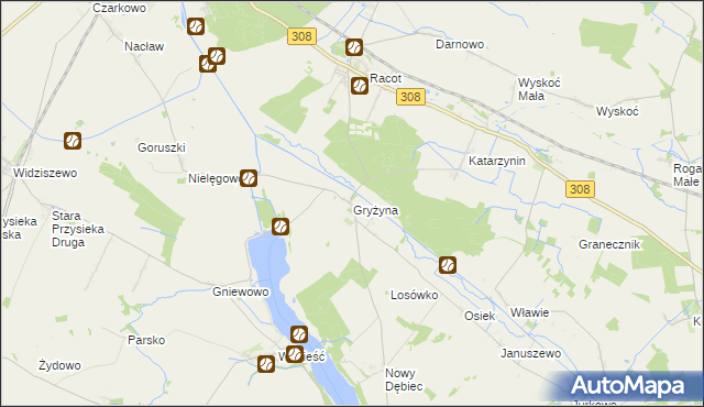 mapa Gryżyna gmina Kościan, Gryżyna gmina Kościan na mapie Targeo