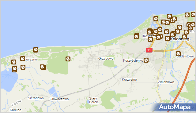 mapa Grzybowo gmina Kołobrzeg, Grzybowo gmina Kołobrzeg na mapie Targeo