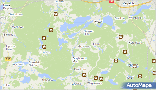 mapa Grzybowo gmina Kościerzyna, Grzybowo gmina Kościerzyna na mapie Targeo