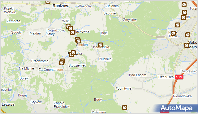 mapa Hucisko gmina Głogów Małopolski, Hucisko gmina Głogów Małopolski na mapie Targeo