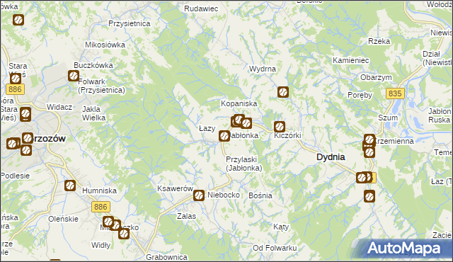 mapa Jabłonka gmina Dydnia, Jabłonka gmina Dydnia na mapie Targeo