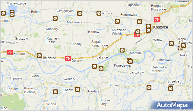 mapa Jaksice gmina Koszyce, Jaksice gmina Koszyce na mapie Targeo