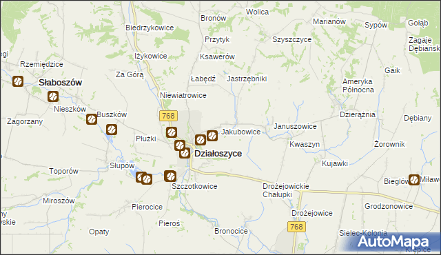 mapa Jakubowice gmina Działoszyce, Jakubowice gmina Działoszyce na mapie Targeo
