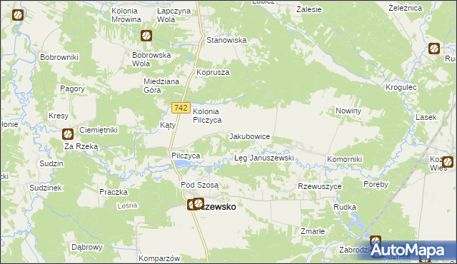 mapa Jakubowice gmina Kluczewsko, Jakubowice gmina Kluczewsko na mapie Targeo