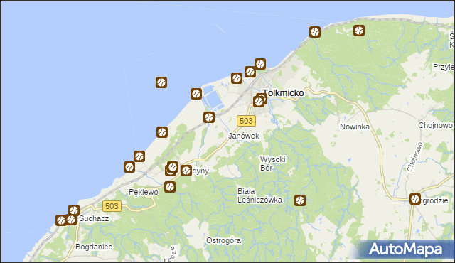 mapa Janówek gmina Tolkmicko, Janówek gmina Tolkmicko na mapie Targeo