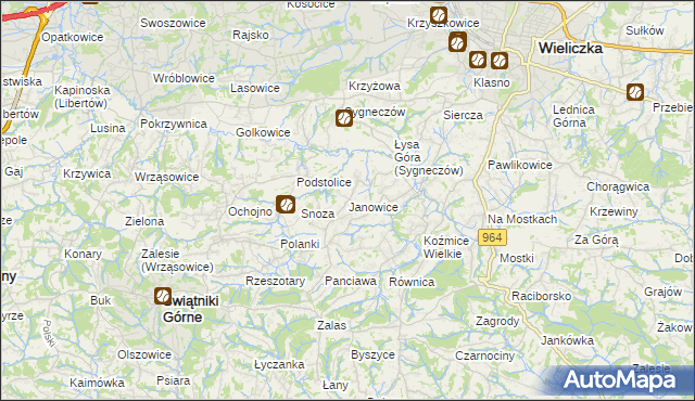 mapa Janowice gmina Wieliczka, Janowice gmina Wieliczka na mapie Targeo
