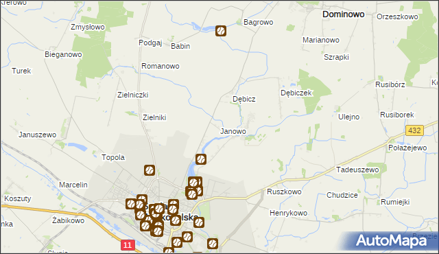 mapa Janowo gmina Środa Wielkopolska, Janowo gmina Środa Wielkopolska na mapie Targeo