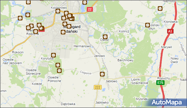 mapa Janowo gmina Starogard Gdański, Janowo gmina Starogard Gdański na mapie Targeo