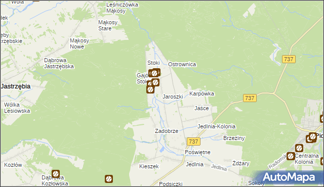 mapa Jaroszki gmina Pionki, Jaroszki gmina Pionki na mapie Targeo