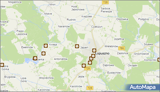 mapa Jasień gmina Łopuszno, Jasień gmina Łopuszno na mapie Targeo